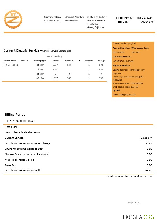 Modèle de facture de services publics d'électricité de la société Barqi Tojik du Tadjikistan aux formats Word et PDF